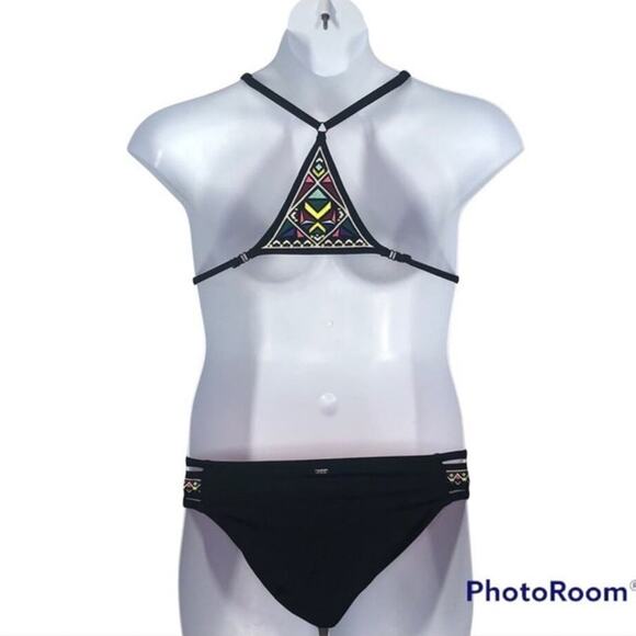 PINK Victoria’s Secret Tribal Embroidered Bikini Set S/M Black EUC - Picture 6 of 16